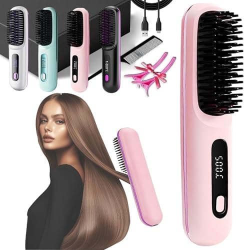 Image of Heated Styling Brush for Short Hair, 2026 Cordless Smart Ceramic Heated Hairs Brush Styler, 3 Heat &LED&Fast Charging, Hair-Friendly &Long-Lasting Design for Travel/Home (#B)