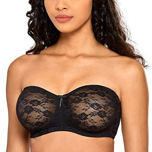 Image of DOBREVA Women's Strapless Bras See Through Sheer Lace Non Padded Underwired Multiway Bra Black 38F