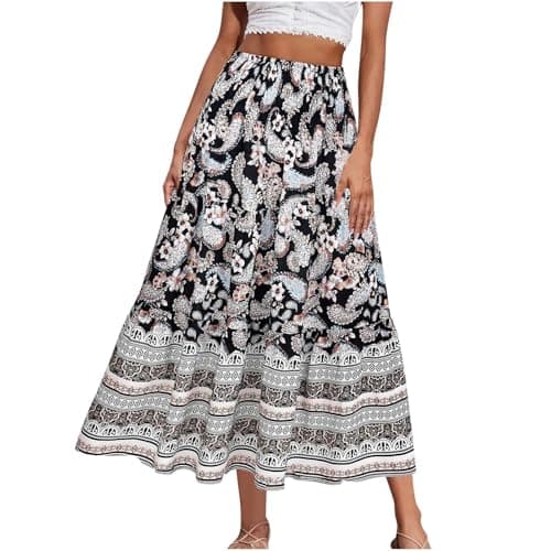 Image of Mrat Women's Maxi Skirts Vintage Floral Print Bohemian Skirts A Line Swing Elastic High Waist Skirt Summer Casual Boho Tiered Midi Skirt Jersey Dress Beachwear Travel Holiday Party UK Size 8-18