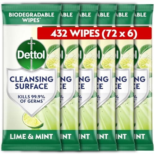 Image of Dettol Antibacterial Cleansing Surface Biodegradable Wipes, Lime and Mint, 432 Wipes (72 x 6pck), Disinfectant, Home Hygiene, Kills 99.9 Percent of Germs