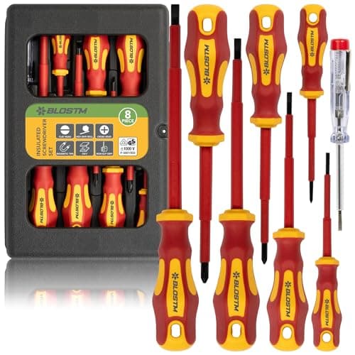 Image of BLOSTM Insulated Screwdriver Set - 8pcs VDE Tested Electrical Screwdriver Set to 1000V, Hardened Black Point Magnetic Tipped Electricians Screwdriver Set with Anti-Roll Design - Storage Case Included