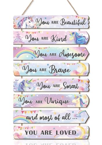 Image of ANHUIB Unicorn Wooden Wall Hanging Sign Watercolor Unicorn Inspirational Positive Quotes Pink Rainbow You’re Brave Girls Room Wall Plaque Decor for Teens Girl Bedroom Princess Room