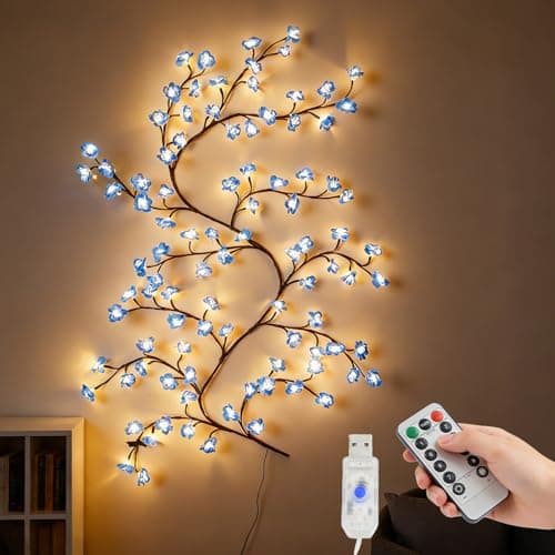 Image of Richaa 63 Inches Blue Blossom Twig Lights, 48 Led Flexible Wall Flower Fairy Lights, 8 Modes Blue Blossom Tree String Light, Christmas Mother's Valentine's Day Gift Room Home Bedroom Indoor Decor