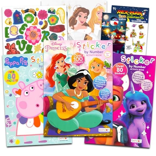 Image of Sticker by Number Books for Girls 4-8 - Bundle with 3 Sticker by Number Books Featuring Disney Princess, Peppa Pig, and My Little Pony | Sticker Activity Books for Kids