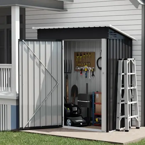 Image of UDPATIO Outdoor Garden Storage Metal Shed 5x3 FT for Firewood,Garbage Can,Tools,Lawnmower,Bike Shed Waterproof Log Store for Backyard Patio,Galvanized Steel with Lockable Door, Dark Grey