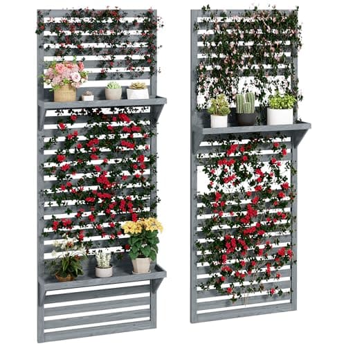 Image of Outsunny Set of 2 Wall Mounted Plant Stand with Trellis, 170cm Wooden Plant Rack with Hanging Planter Shelves and Slatted Trellis for Climbing Plants, for Patio, Balcony, Porch, Grey