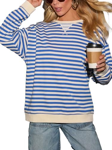 Image of Dressmine Striped Tops for Women UK Scoop Neck Loose Blouses Tshirts Fashion Cotton Long Sleeve Clothes Size 12 Blue