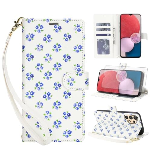 Image of Asuwish Mobile Phone Case for Samsung Galaxy A13 4G/5G A04S Case with Screen Protector and Flowers Card Slot Foldable Leather Wallet Stand A 13 LTE 13A A135F AO4s 04S A047F S13 M13 Protective Phone