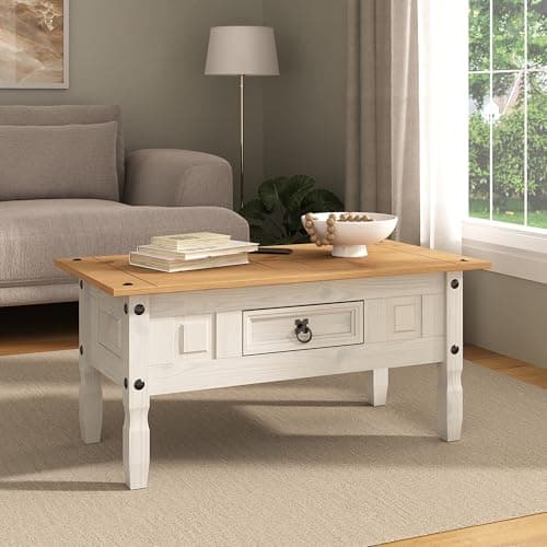 Image of Corona White Coffee Table 1 Drawer Mexican Solid Pine Wood