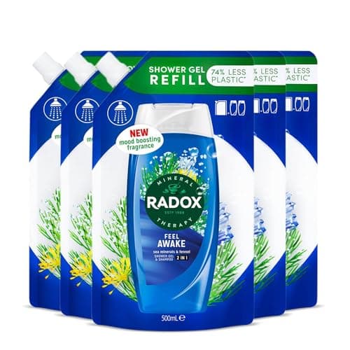 Image of Radox Mineral Therapy 2-in-1 Shower Gel & Shampoo Refill Pouch Feel Awake with Nature Inspired Fragrance Body Wash Refill for Men and Women Blended with Sea Minerals & Fennel 500ml, 5 Pack