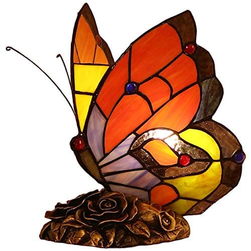 Image of Bieye L30038 Butterfly Tiffany Style Stained Glass Accent Table Lamp Night Light for Bedside Bedroom Living Room Coffee Table (Red 1, 8 inches Wide * 9 inches high)