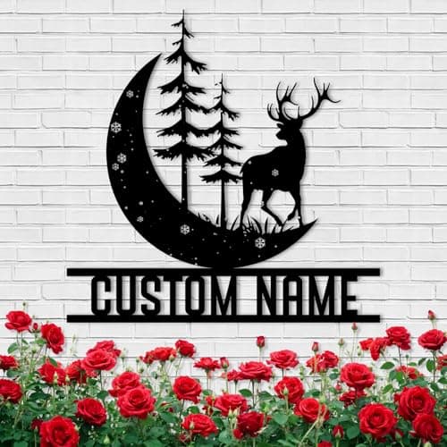 Image of Personalized Moon Deer Metal Cabin Sign, Personalized Family Name Sign for Christmas Decorations, Reindeer Hanging Sign Welcome Outdoor Porch, Party Supplies for Housewarming Decor Gifts