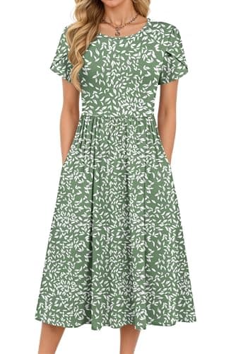 Image of MOLERANI Women Summer Midi Dress - Casual Short Sleeve Boho Beach Dress for Ladies Loose Swing Dresses Casual Midi Sundress with Pockets Flyleaf Olive M