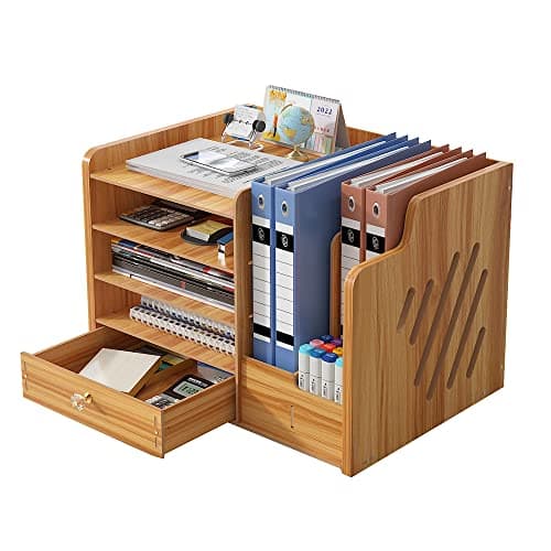 Image of NUODWELL Wooden Desktop Organiser, Large Capacity Desk File Organiser Office Supplies Storage Holder File Rack for A4 Papers, Pens, Books, Letters and Documents (jb07-3 Cherry wood)