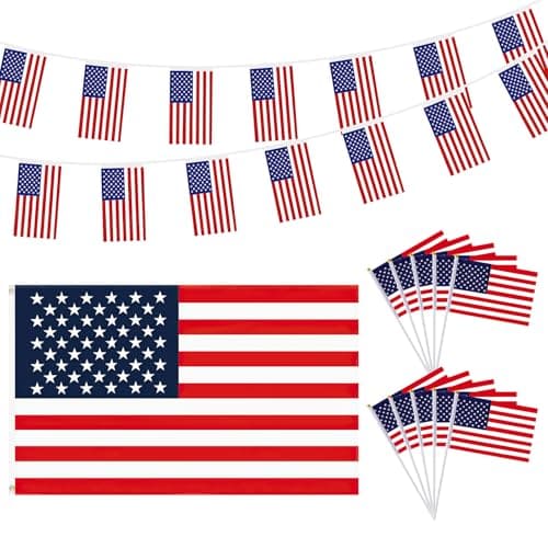 Image of WchoeSS 20pcs USA Flag Banner, American Flag 150x90cm, 10pcs Handheld Flags, Multicolor, Polyester, Patriotic 4th of July, Memorial Day Decorations
