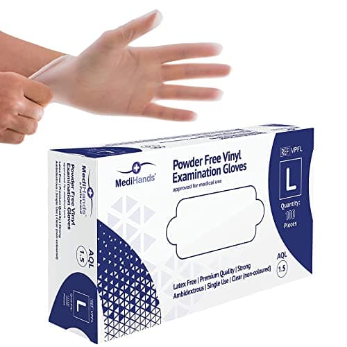 Image of MediHands Vinyl Clear Large Gloves, Disposable Surgical Gloves, Box of 100, Powder Free, Latex Free, Protein Free, Medical, Food, Multi-Use