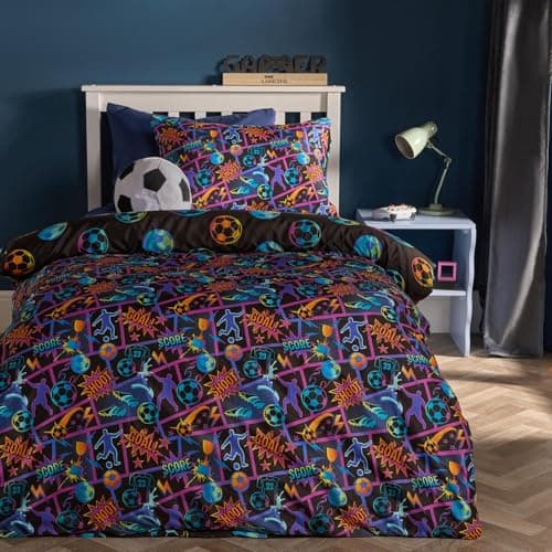 Image of OHS Football Comic Boys Bedding Double Quilt Cover, Football Gifts for Boys Super Soft Cosy Warm Microfibre Polyester Kids Double Duvet Set Reversible Black Kids Bedding with Pillowcases, Multi