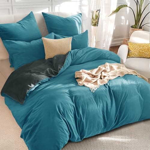 Image of RUIKASI Teal Double Duvet Set Grey - Reversible Teal Duvet Cover Double Bedding Set with Zip, Soft Brushed Microfibre Double Bed Set Quilt Cover with 2 Pillowcases