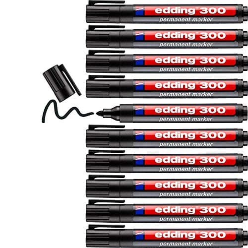 Image of edding 300 permanent marker - black - 10 pens - round tip 1.5-3 mm - waterproof, quick-drying, smear-proof pens - for cardboard, plastic, glass, wood, metal and fabric