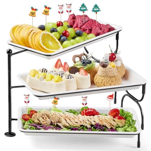Image of Lifewit 3 Tier Serving Tray for Party Supplies, 12 x 6.5" Plastic Platters for Food, White Rotating Trays with Black Metal Display Stand for Buffets, Cake, Snack, Veggie, Fruit, Cookies, Dessert