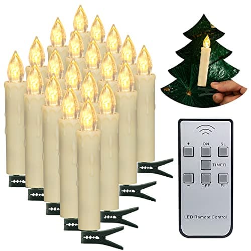 Image of PChero Christmas Tree Candles, 20pcs LED Flameless Flickering Battery Taper Candles with Remote Timer/Removable Clips/Waterproof Rings for Home Party Indoor Outdoor Xmas Trees Decor – Warm White