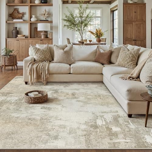 Image of PureCozy Beige Abstract Area Rug Living Room Extra Large 240x300 cm Machine Washable Light Brown Non Slip XXL Rugs for Bedroom Dining Room Home Office, Soft Low Pile Carpet for Indoor Home Decor