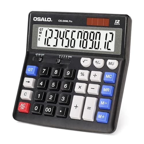 Image of OSALO Desktop Calculator Extra Large Display Big Number 12 Digit LCD Accounting Calculator with Giant Response Button Battery & Solar Powered for Office Business Home Daily Black (OS-200ML)