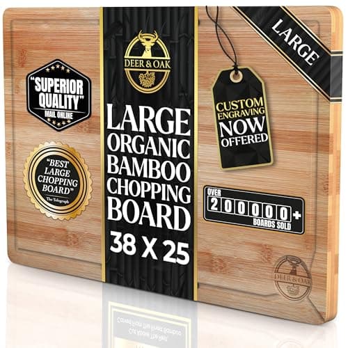 Image of Deer & Oak - Large Cutting Board 38 x 25 x 2cm, Pre-Oiled Wooden Bamboo Chopping Board for Carving Meat, Fish, Vegetables, Fruits, Cheese, Bread