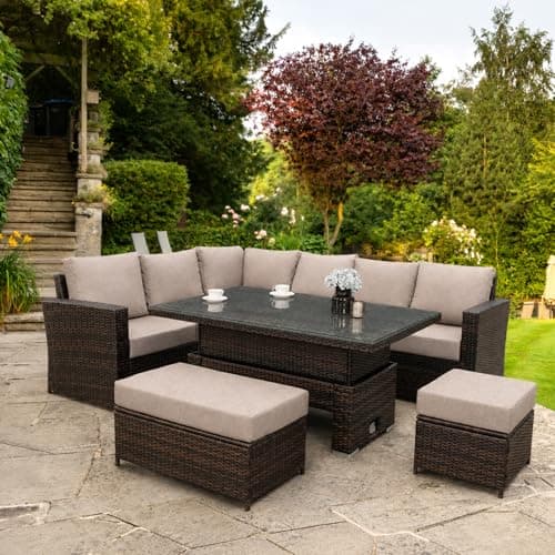 Image of GOODS EMPORIUM 9 Seater Rattan Garden Furniture Set with Height Adjustable Rising Table - Outdoor Furniture Rattan Corner Sofa - FREE COVER INCLUDED (Dark Brown Mixed with Dark Brown Cushions)