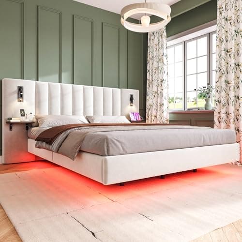 Image of Merax Kingsize bed frame, 5ft King Size Upholstered Bed, 2 bedside reading lights with charging socket, Soft headboard with Storage Flat Panel, light strip under the bed, White/Velvet, 150CM*200CM