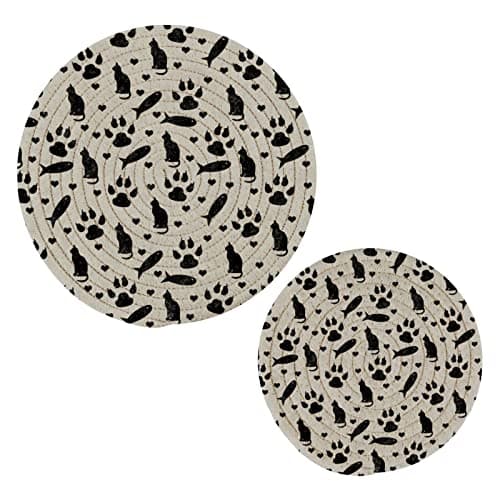 Image of Kitchen Pot Holders Set 2 Pcs Cotton Thread Weave Trivets Set Stylish Coasters for Hot Dishes Pot Bowl Coffee Hot Pot Holders Black Gray Cat Paw Prints Fish