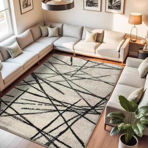 Image of Leesentec Rugs Living Room Bedroom Rug Modern Short Pile Rugs Bohemian Carpet Abstract Geometric Straight Line Pattern Carpets Non-slip Large Rug (Beige/Striped Black, 160 x 200 cm)