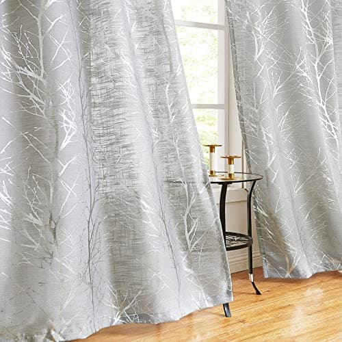 Image of Fmfunctex Grey Silver Semi Sheer Curtains for Bedroom 54 Drop Voile Curtain for Living Room Branch Foil Eyelet Linen Textured Light Filtering Window Curtain Drapes for Dining Room 2 Panels