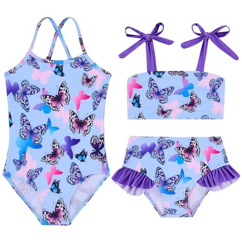 Image of Kids4ever Girls 3 Piece Swimsuits Butterfly Printed Bikini Set Quick Dry Swimming Costume Purple 5-6 Years
