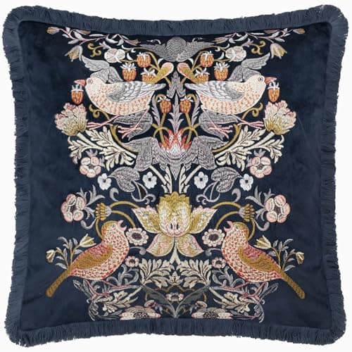 Image of Morris&Co. Strawberry Thief Feather Rich Filled Cushion – Piped Embroidered Velvet Pillow with Fringed Trim (Indigo - 50x50cm)