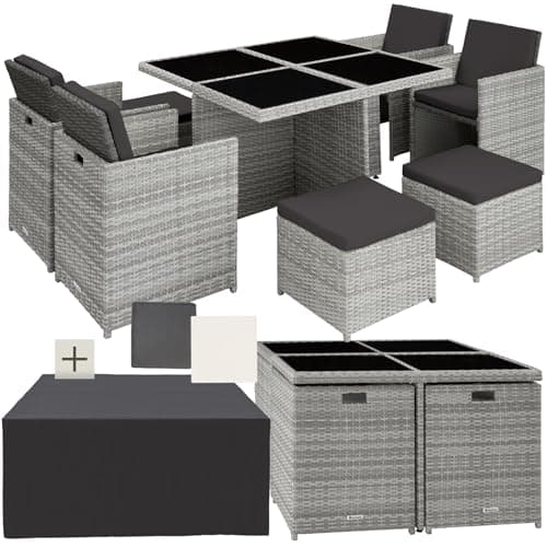 Image of TecTake® Polyrattan Garden Furniture Set with Aluminium Base, Including 4 Dining Chairs, 1 Table, 4 Stools, Foldable Garden Lounge Set including protective cover, For Up To 8 People - light grey