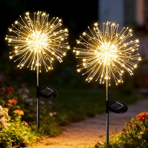 Image of yowin Solar Lights Outdoor Garden 2 Pack 120 LED Firework Solar Stake Lights, 8 Modes Starburst Light Waterproof Garden Ornaments with Copper Wire for Pathway Balcony Patio Decorations - Warm White