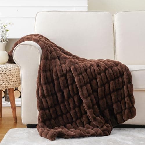Image of BATTILO HOME Double Side Faux Rabbit Fur Throw Blanket 127x152cm, Luxury Plush Chocolate Brown Fluffy Blanket, Super Soft Fuzzy Warm Fur Throws for Sofa Bed Couch