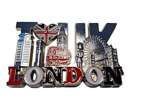 Image of My London Souvenirs Metal Silver Decorative Magnet, Large, London Icons and Word, I Love UK with Union Jack Heart, 1 Piece, UK