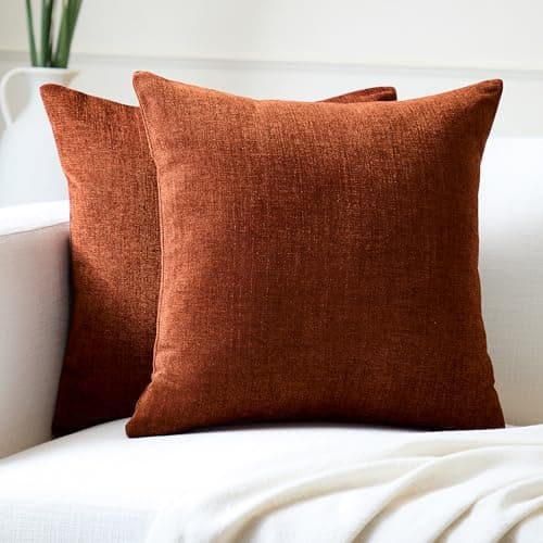 Image of Encasa XO Chenille Cushion Covers Set of 2 | Rust Orange - (20"x20") (50x50 cm) | Decorative Accent Square Throw Pillow Cases For Couch, Home Decor, Sofa