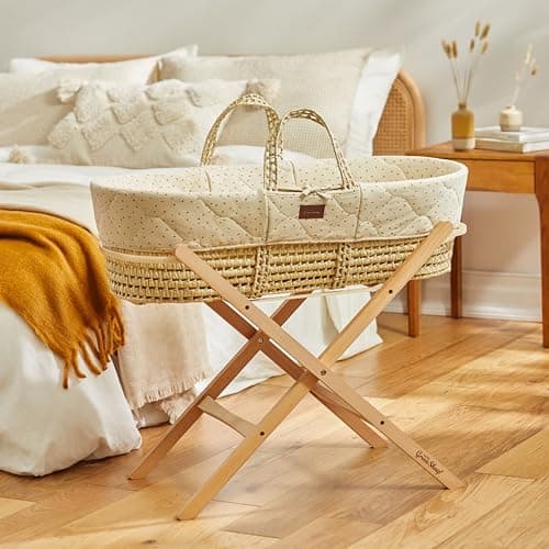 Image of The Little Green Sheep Natural Quilted Moses Basket, Mattress & Stand, Linen Rice Print,FNB010H