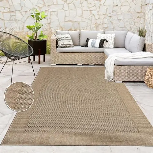 Image of Paco Home Jute Look Rug Indoor-Outdoor - Natural & Black, Sturdy & Stylish, Ideal for Patio & Living Room, Size:240x340 cm, Colour:Beige