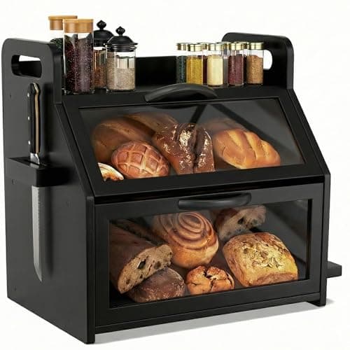 Image of BAMBANG Extra Large Bread Box, Double Layer Bread Box for Homemade Bread, Bamboo Wooden Bread Storage Container with Tool Holder & Handles & Window, Assembly Required(38 x 28 x 40cm) Black