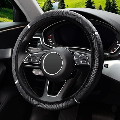 Image of Black Anti-Slip Steering Wheel Cover, Soft Leather with Foam Metal Accents Steering Wheel Cover, Breathable Carbon Fiber Sports Elastic Wheel Cover Universal Size 37-38cm/14.5-15inch
