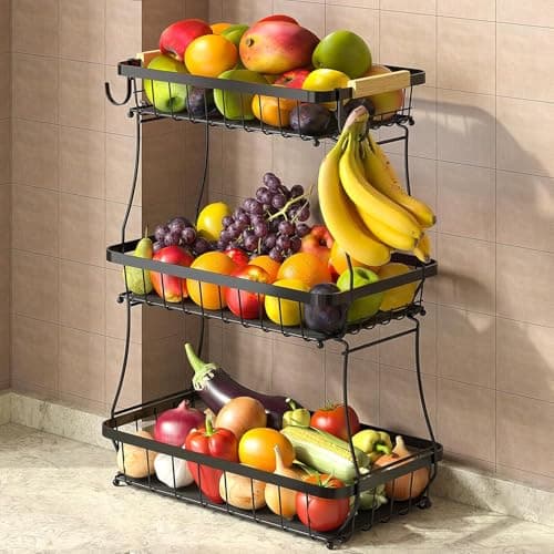 Image of Fournine 3 Tier Fruit Bowl Basket with 2 Banana Hanger, 2026 Pro Detachable Kitchen Countertop Organizer for Fruits, Vegetables, Snacks, Metal Vegetable Storage Rack with Banana Holder, Black
