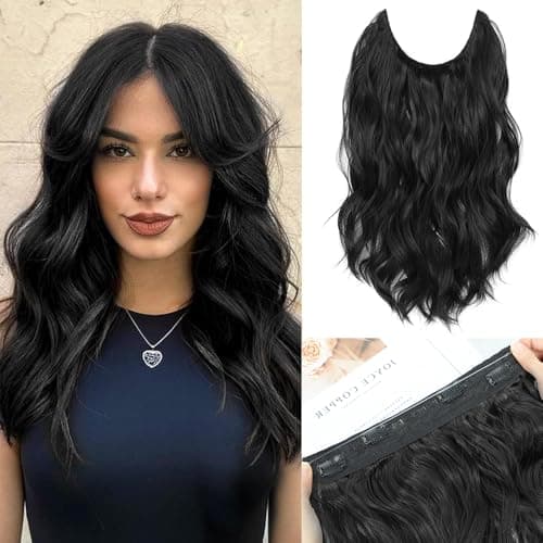 Image of Morichy Invisible Wire Hair Extensions 14inch Short Wavy Synthetic Halos Hair Extension with Transparent Wire Adjustable Size 4 Secure Clips Natural Black Hairpieces for Women (Natural Black)