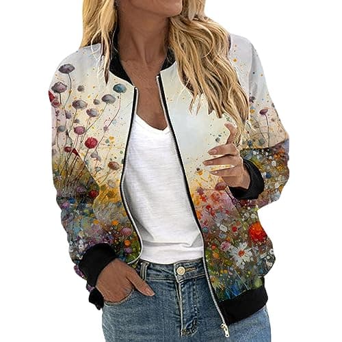 Image of Generisch | 2026 Casual Daily Jackets for Women Lightweight Casual Jacket with Zipper Floral Print Coat Stand Collar Short Sports Outwear Zipper Tops, beige, M