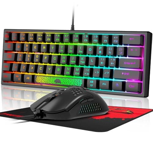 Image of LexonElec K61-60% Compact Gaming Keyboard and Mouse Set Mechanical Feel Mini 62 Keys 12000 DPI Breathable LED Ultralight Honeycomb Shell Mouse UK Layout Ergonomic RGB Backlit Keyboard