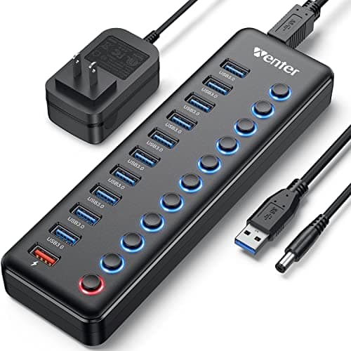 Image of Powered USB Hub 3.0, Wenter 11-Port USB Splitter Hub (10 Faster Data Transfer Ports+ 1 Smart Charging Port) with Individual LED On/Off Switches, USB Hub 3.0 Powered with Power Adapter for Mac, PC
