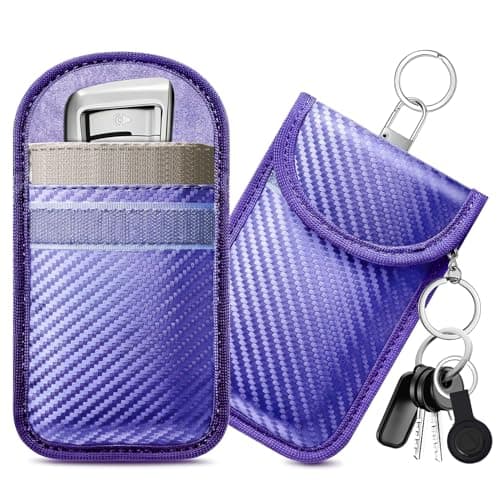 Image of caslord Faraday Pouch for Car Keys, Pack of 2 Anti-Theft RFID Key Fob Protection Bag with 4 Pack Key Rings for Car Security, Keyless Entry Car Keys Case, M, Purple